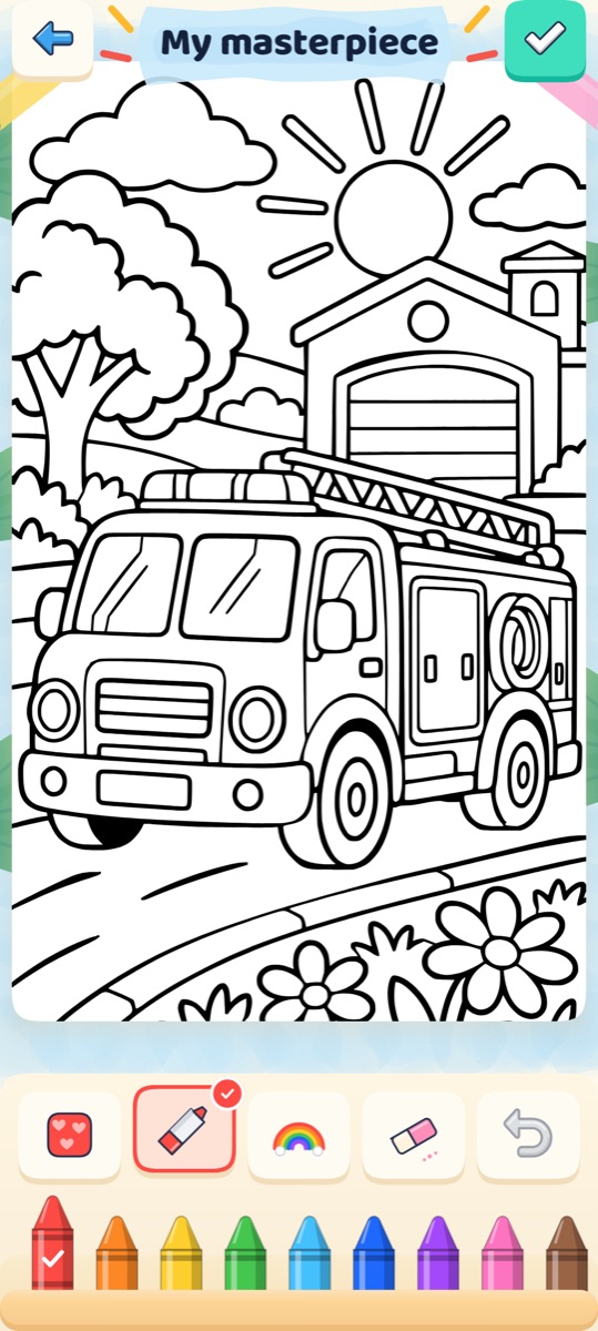 Coloring screen with a brush chosen and the crayon palette