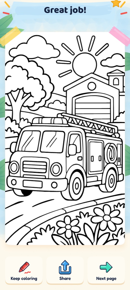 Celebration screen showing the finished page with Keep coloring, Share and Next page buttons