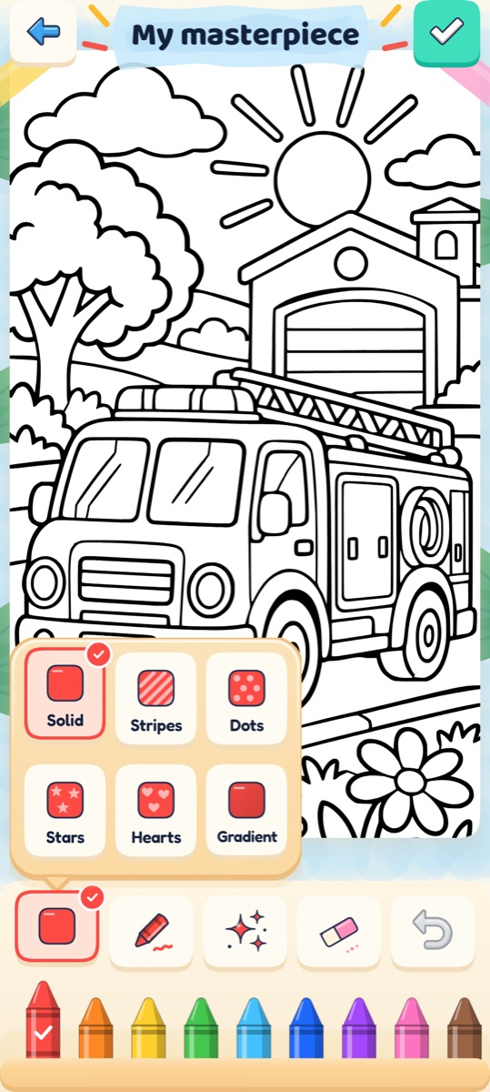 Coloring screen with the fill style bubble open: solid, stripes, dots, stars, hearts and gradient