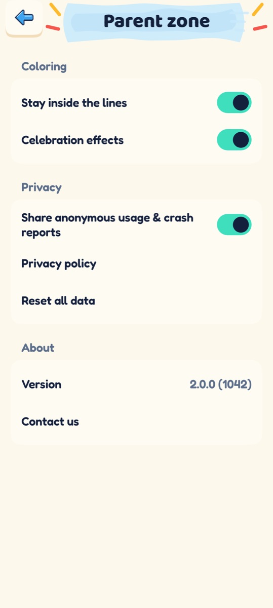 Parent zone settings: stay inside the lines, celebration effects, usage reports, privacy policy and reset