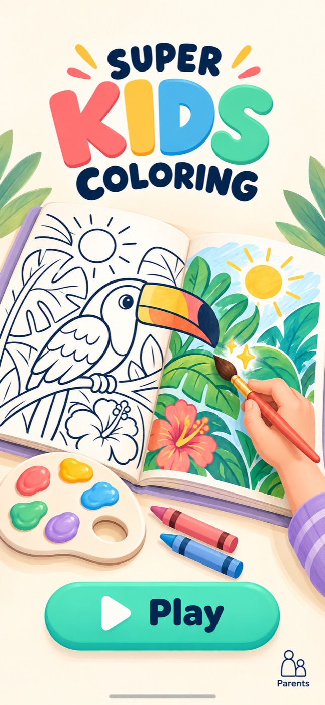 Super Kids Coloring main menu: an open coloring book with a toucan, half colored, and a big Play button